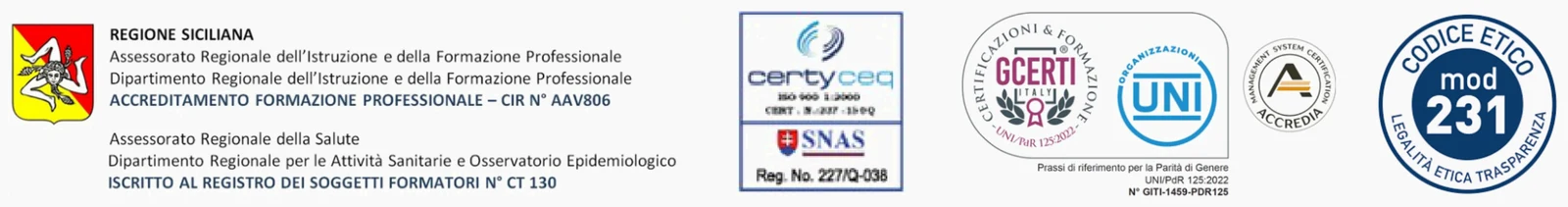 Regione Siciliana: accreditamento formazione professionale CIR N° AAV806 e iscrizione al registro dei soggetti formatori N° CT 130; certificazione ISO 9001:2015 Certyceq; certificazione UNI/PdR 125:2022 parità di genere; Modello 231 e Codice Etico.