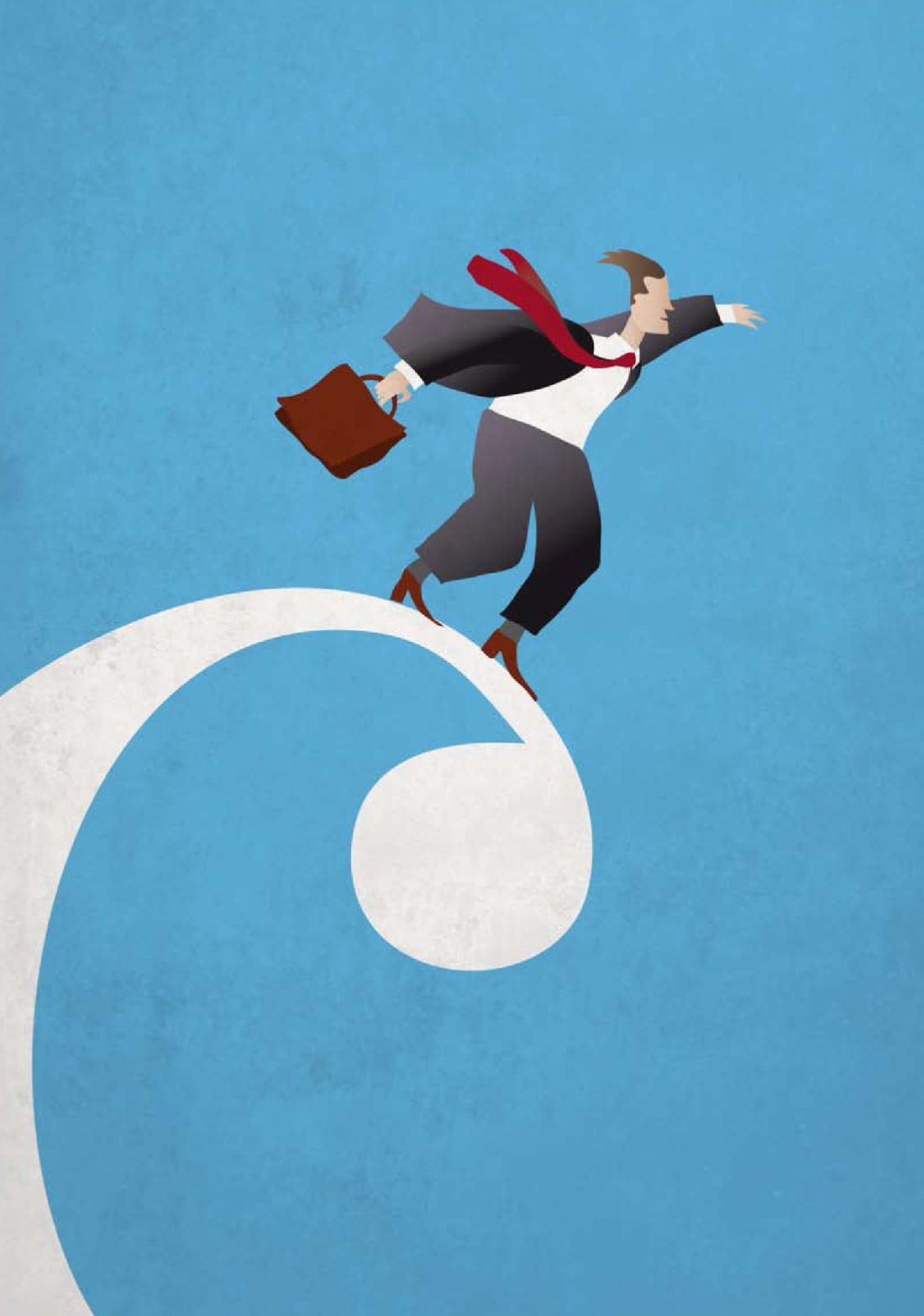 Illustrazione: un uomo d’affari in equilibrio sulla spirale del marchio Civita